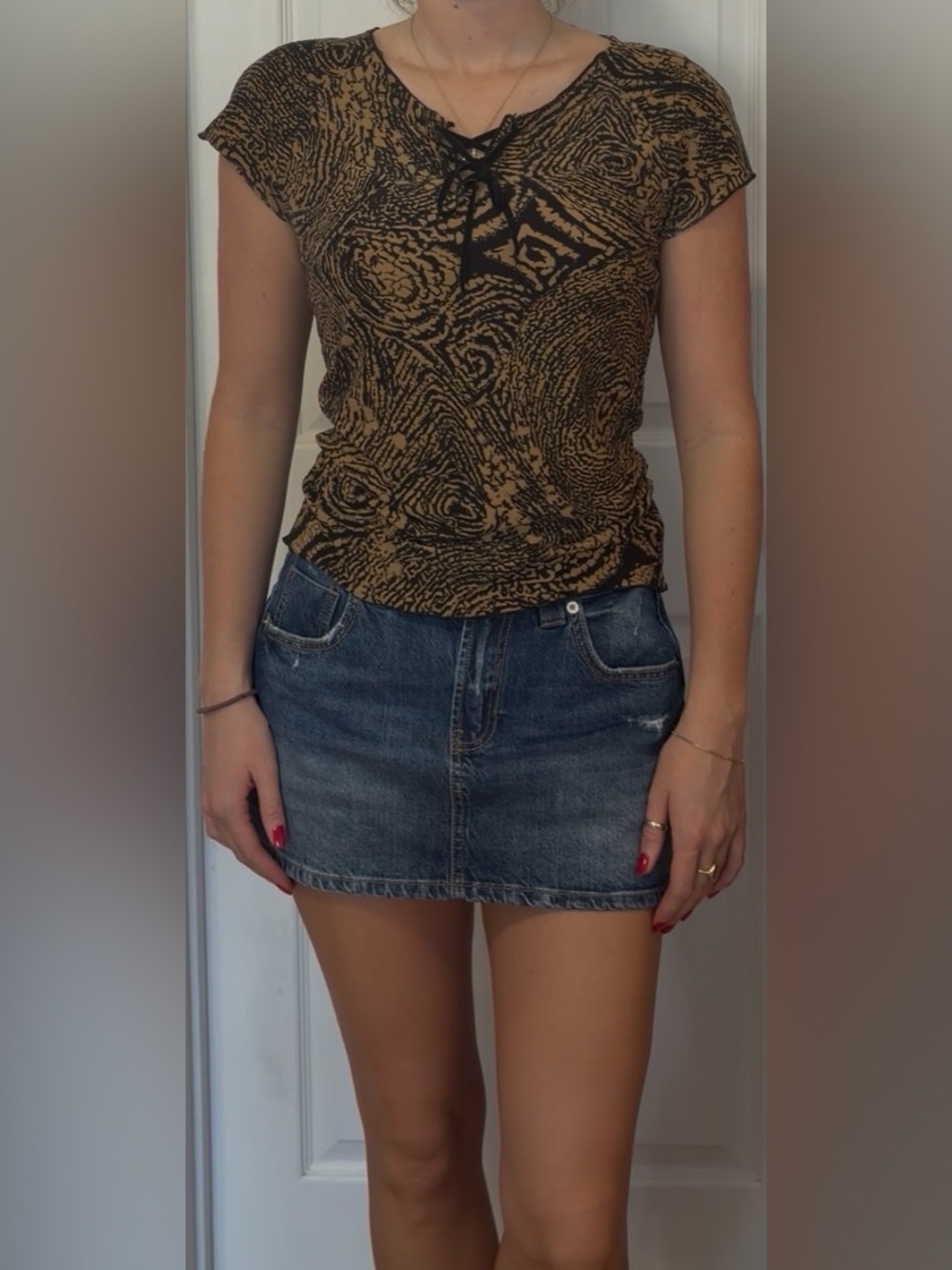 A.BYER 2000s Abstract Print Short Sleeve Top in Brown & Black Like New